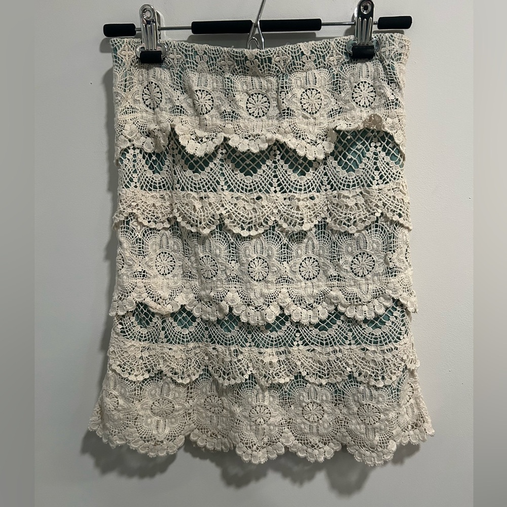 Anthropologie Comme Toi Crochet Lace Tiered Midi Skirt Cream Boho Cottagecore